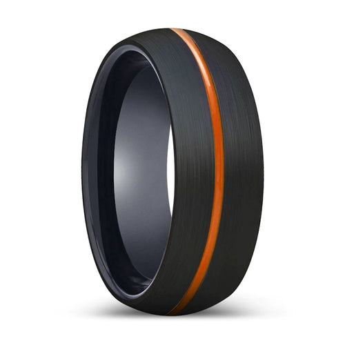 Nikos Domed Black Brushed Tungsten Ring w/ Thin Orange Groove - 6mm - 10mm