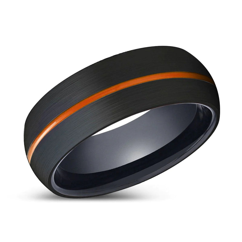 Nikos Domed Black Brushed Tungsten Ring w/ Thin Orange Groove - 6mm - 10mm