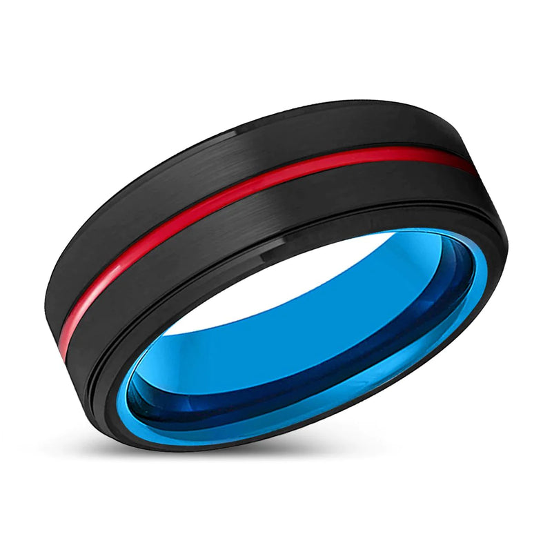 Manabu Black Tungsten Ring Stepped Edge Red Groove & Blue Inside - 6mm & 8mm