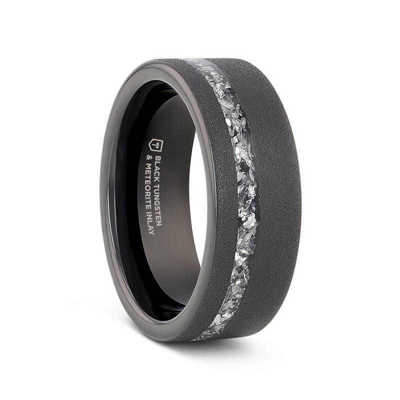 Agapios Flat Sandblasted Mens Black Tungsten Ring with Meteorite Fragments Inlay - 8mm