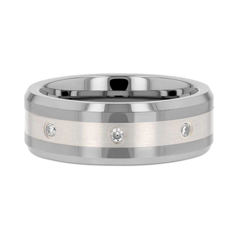 EDWARDO Silver Inlaid Beveled Tungsten Wedding Band with 8 diamond settings - 8mm