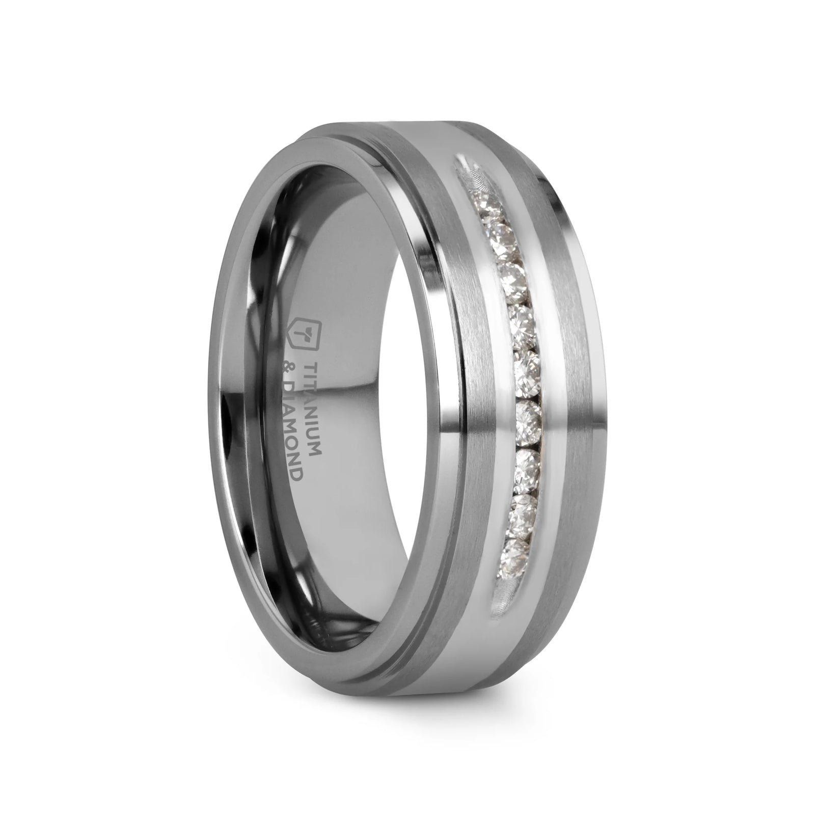 ASPEN Silver Inlaid Titanium Wedding Band 9 Channel Set White Diamonds - 8mm