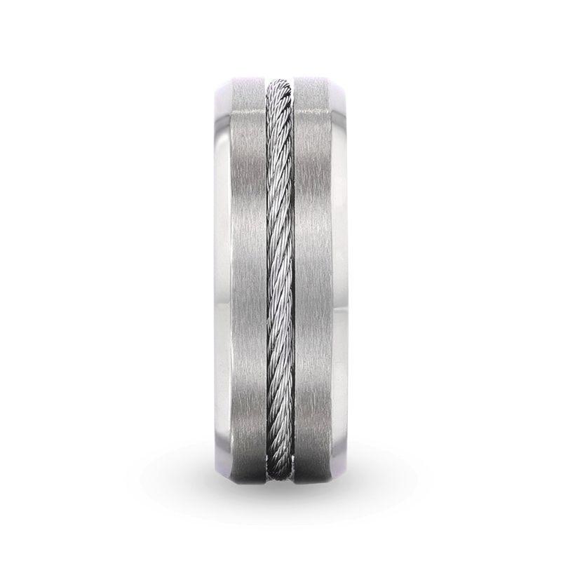 Steel Cable Inlaid Brushed Center Titanium Men's Wedding Band With Beveled Polished Edges - 8mm