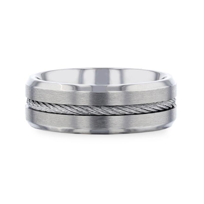 Steel Cable Inlaid Brushed Center Titanium Men's Wedding Band With Beveled Polished Edges - 8mm