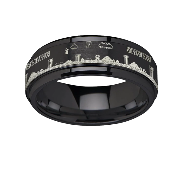 Men's Flat Super Mario Bros Pixel Level Game Black Tungsten Carbide Sp ...