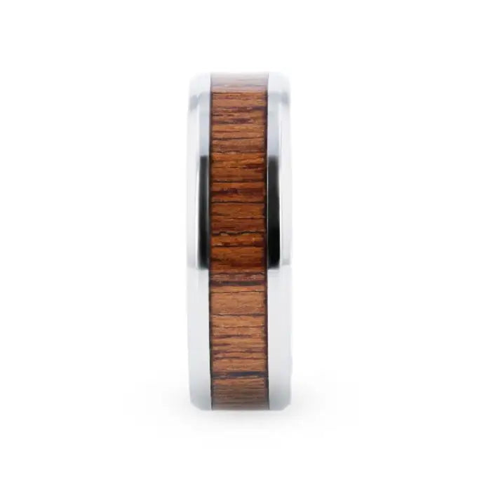 Tristan Teak Wood Inlaid HIghly Polished Titanium Ring With Beveled Edges - 8mm