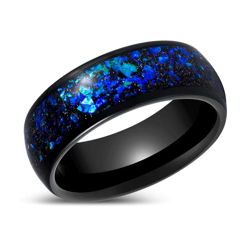 Mandell Domed Mens Black Tungsten Ring Blue Opal and Abalone Fragments - 8mm
