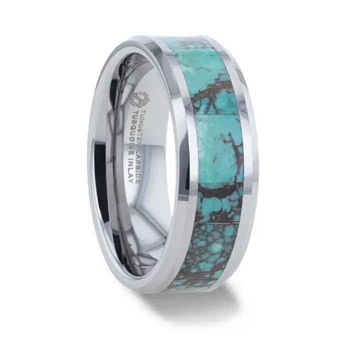 TURKIS Turquoise Spider Web Inlay Tungsten Carbide Ring With Beveled Polished Edges - 8mm
