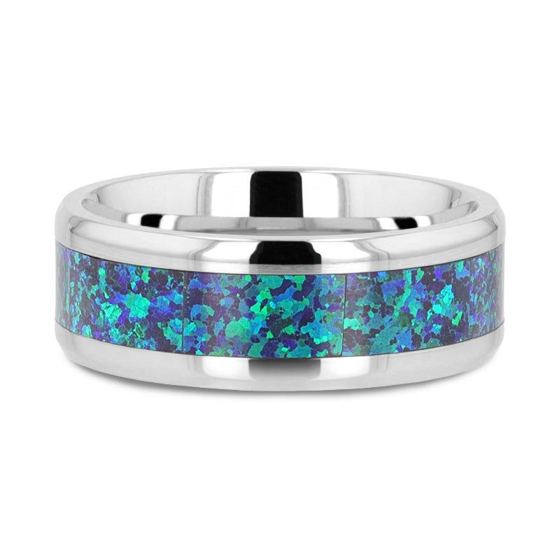 Titanium Polished Beveled Edge Ring with Blue Green Opal Inlay - 8mm