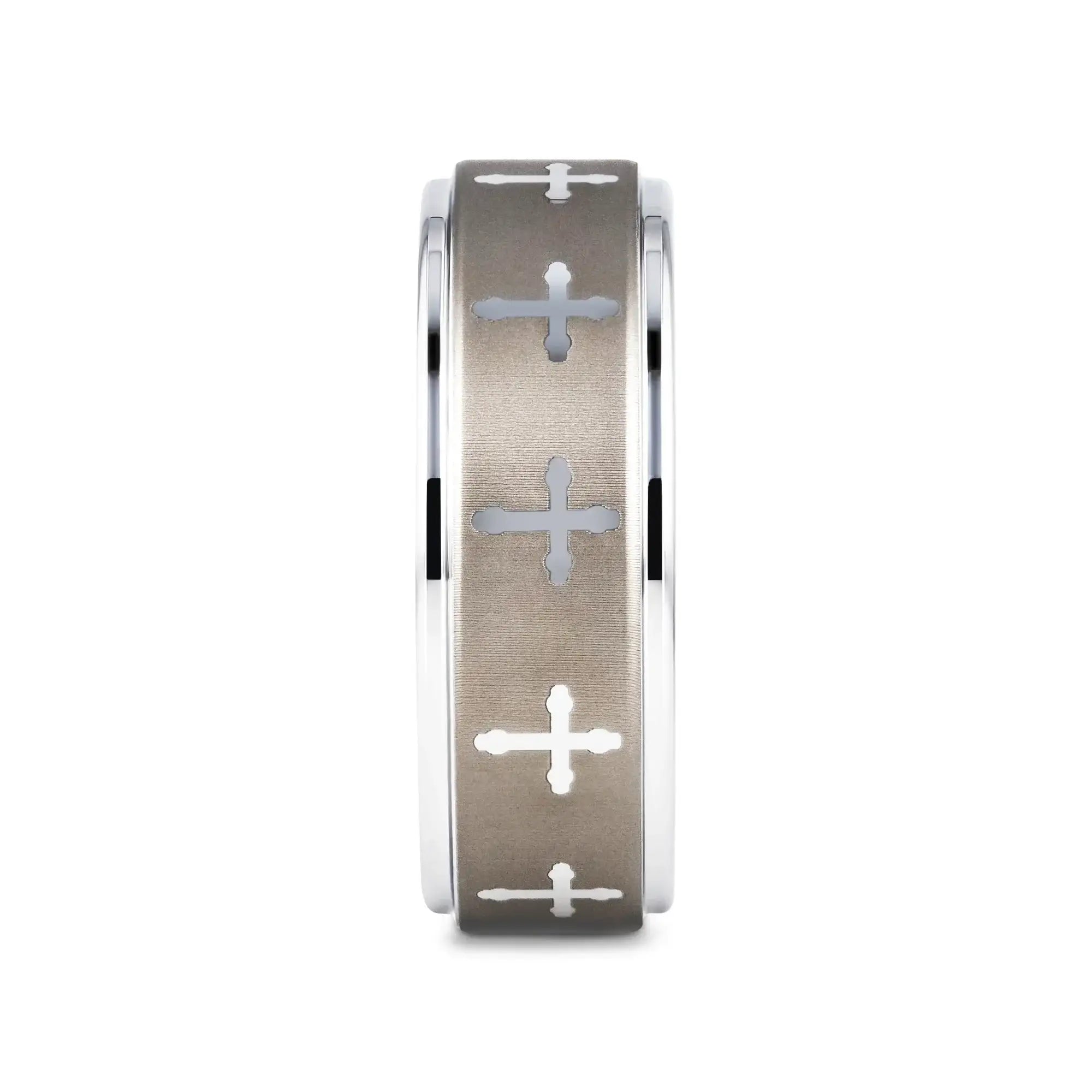 Babylon tungsten ring with raised center and engraved crosses, side view