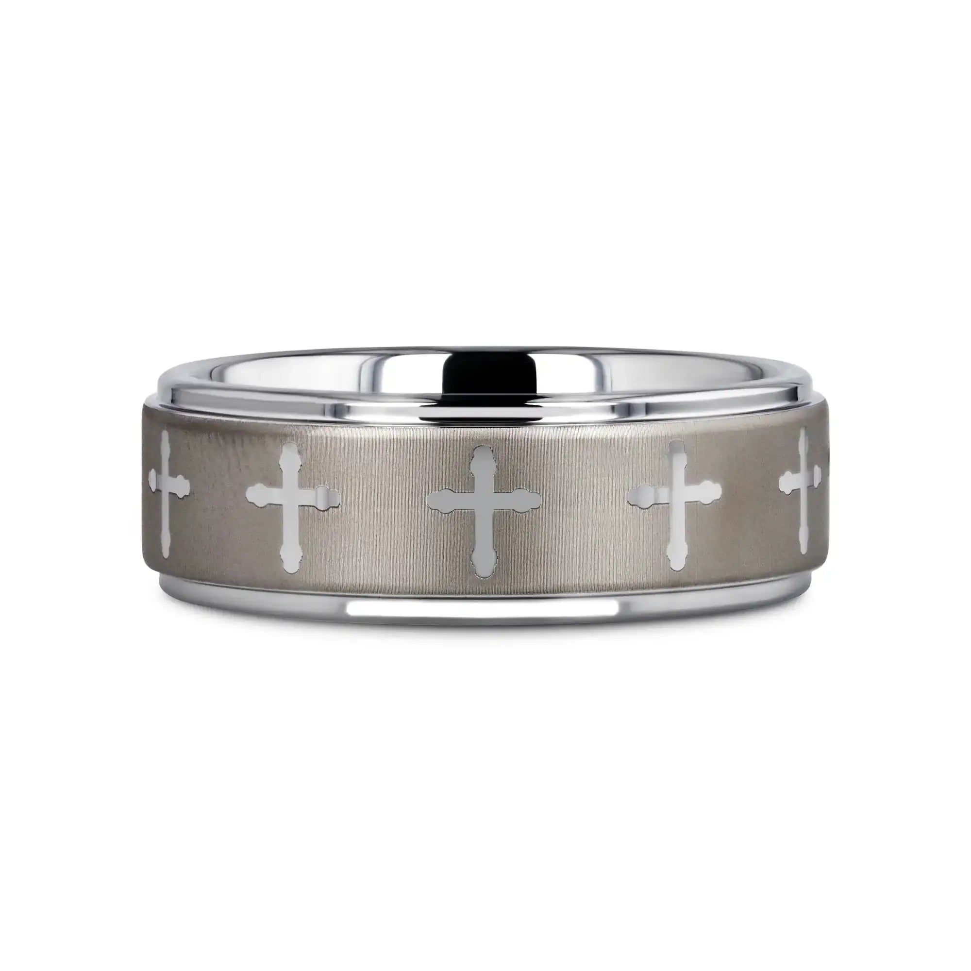 Babylon tungsten ring with raised center and engraved crosses, detail view