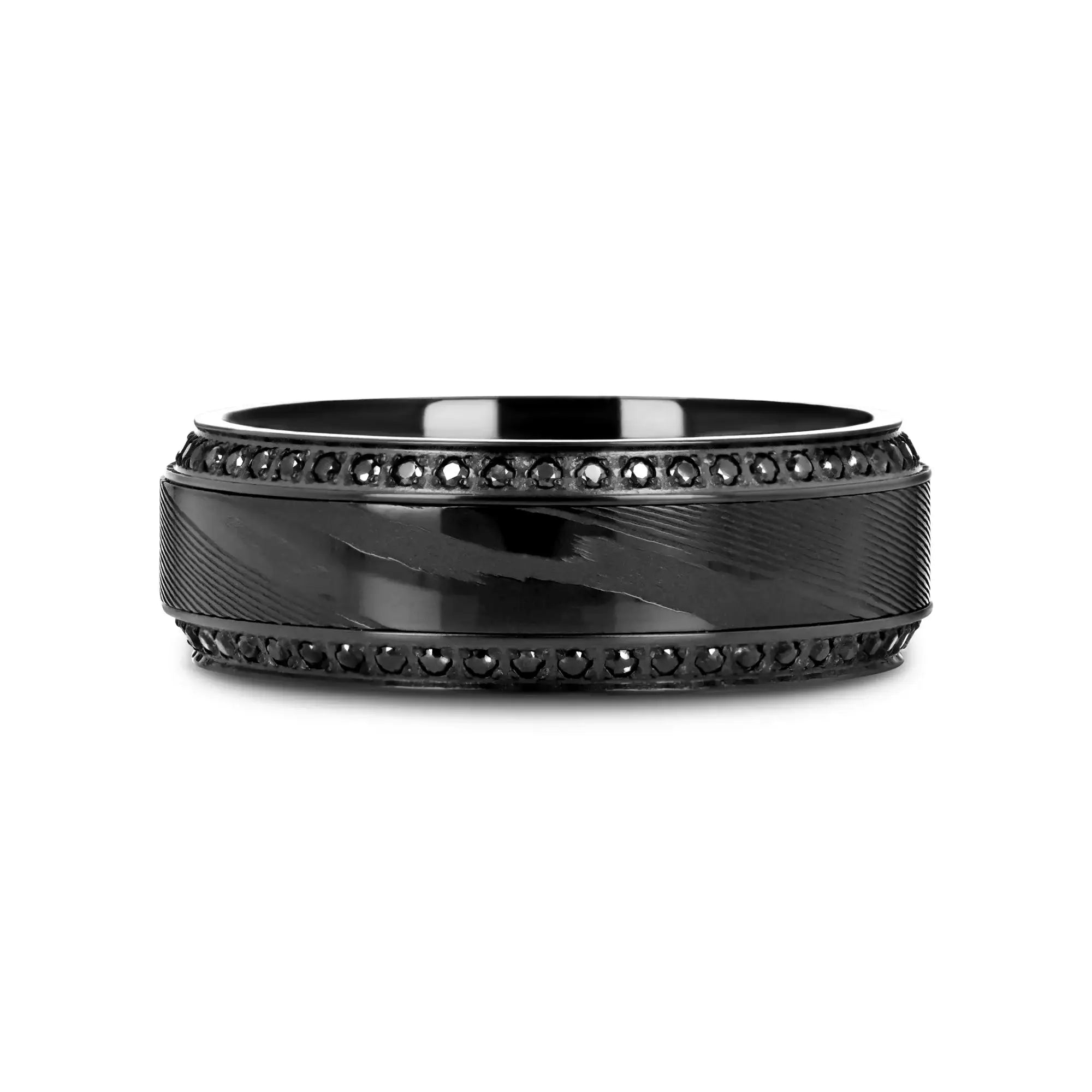 Corinth black titanium damascus ring, angle view
