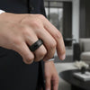 Corinth black titanium damascus ring, close-up sapphires