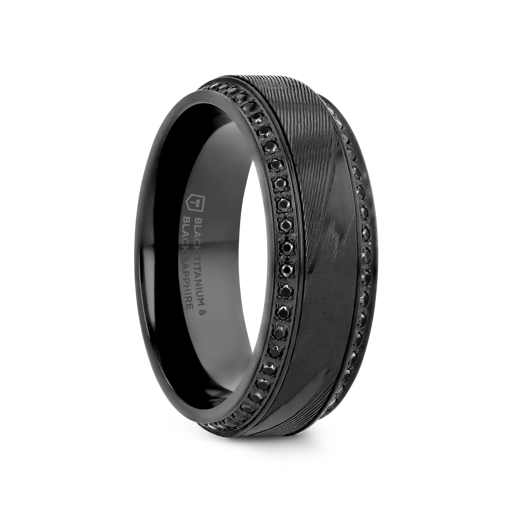 Corinth black titanium damascus ring, front view