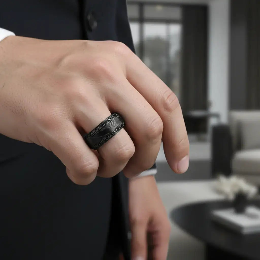 Corinth black titanium damascus ring, close-up sapphires