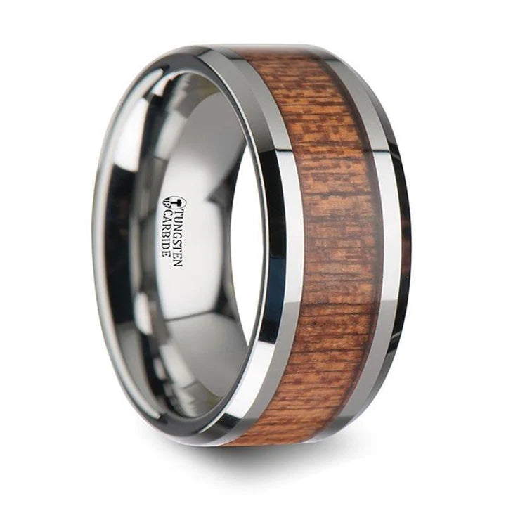 Nisan Extra Wide Tungsten Ring with Polished Bevels and African Sapele Wood Inlay - 10 mm