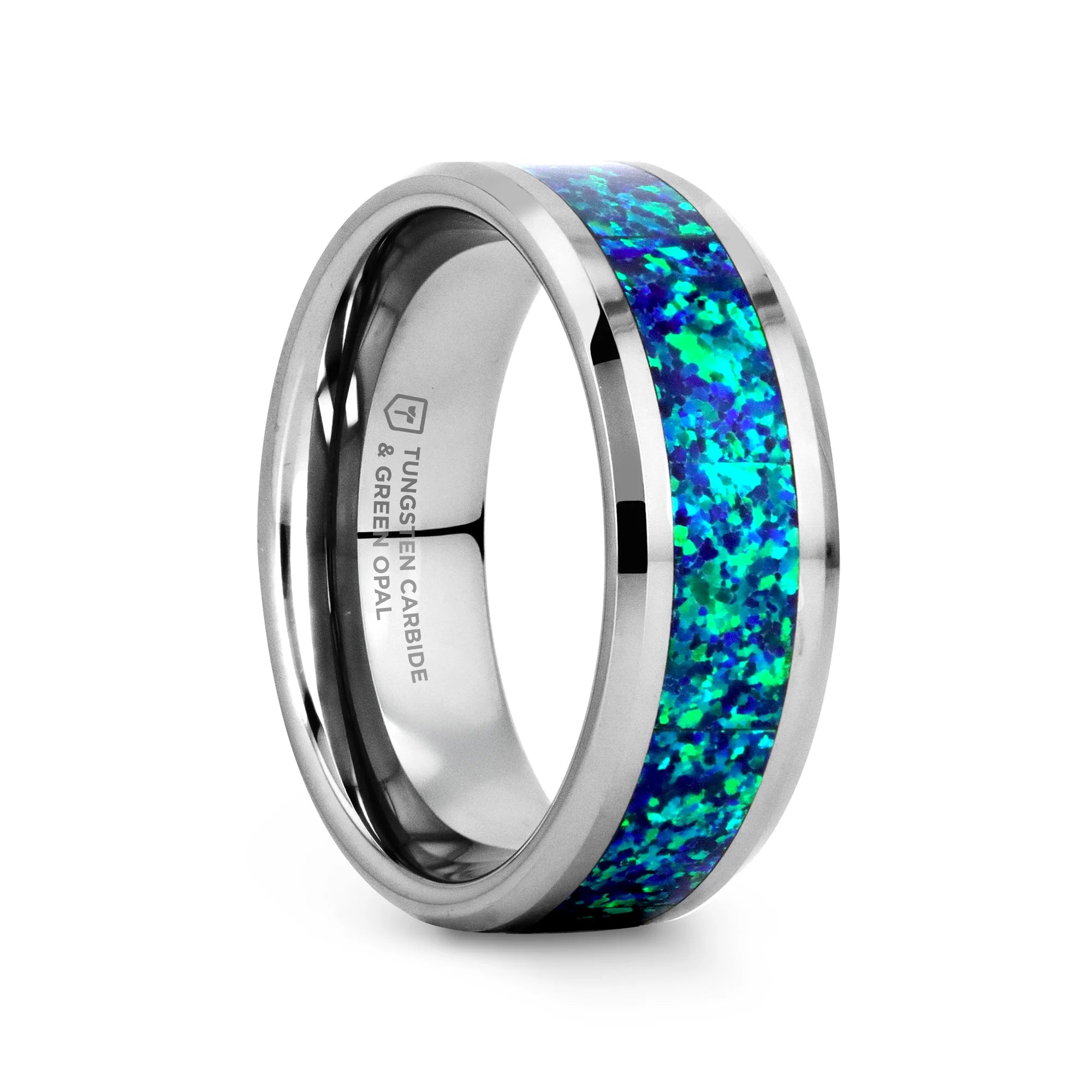Tungsten carbide ring with blue opal inlay on a white background
