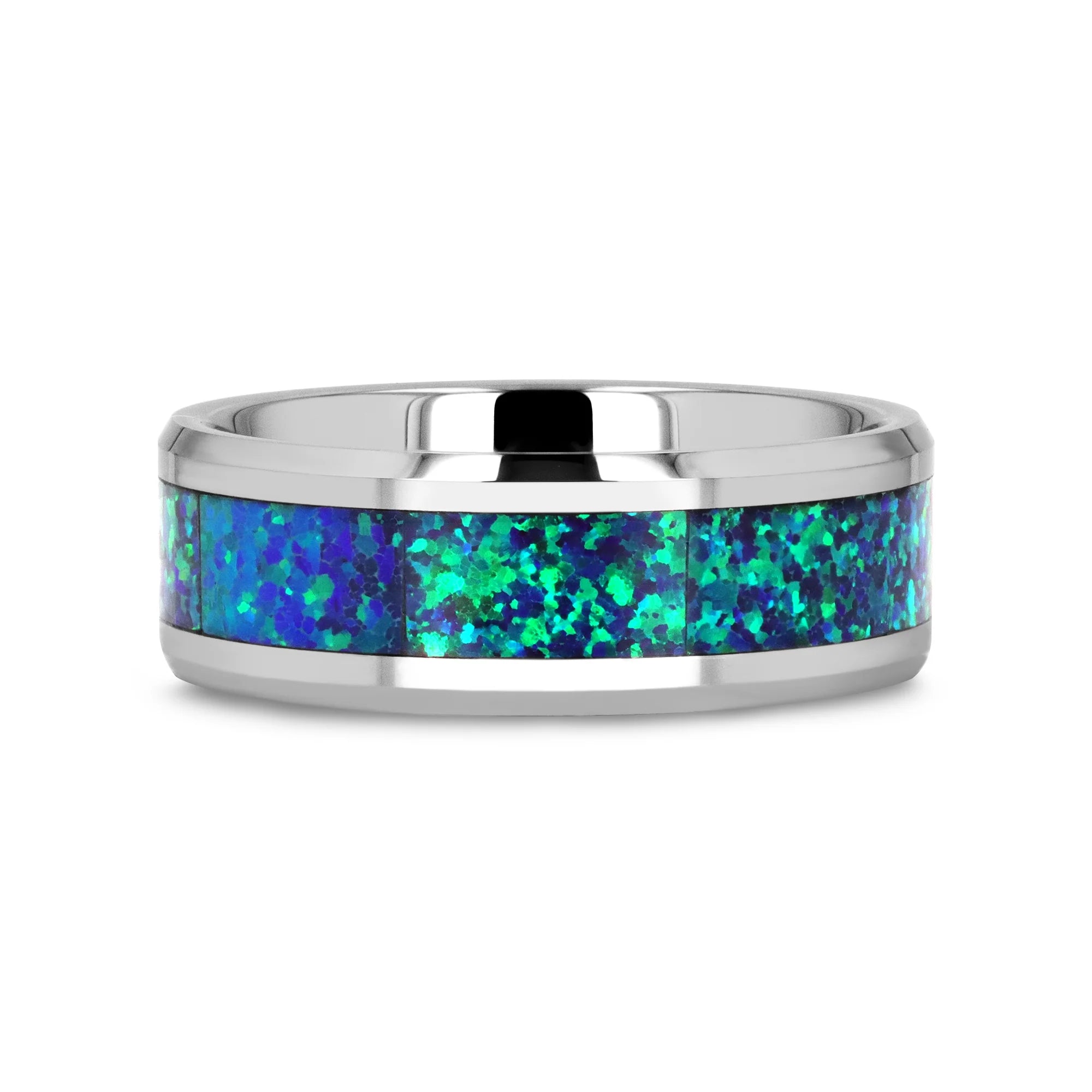 Silver ring with a blue and green opal inlay on a white background
