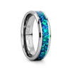 Tungsten carbide ring with blue and green opal inlay on a white background