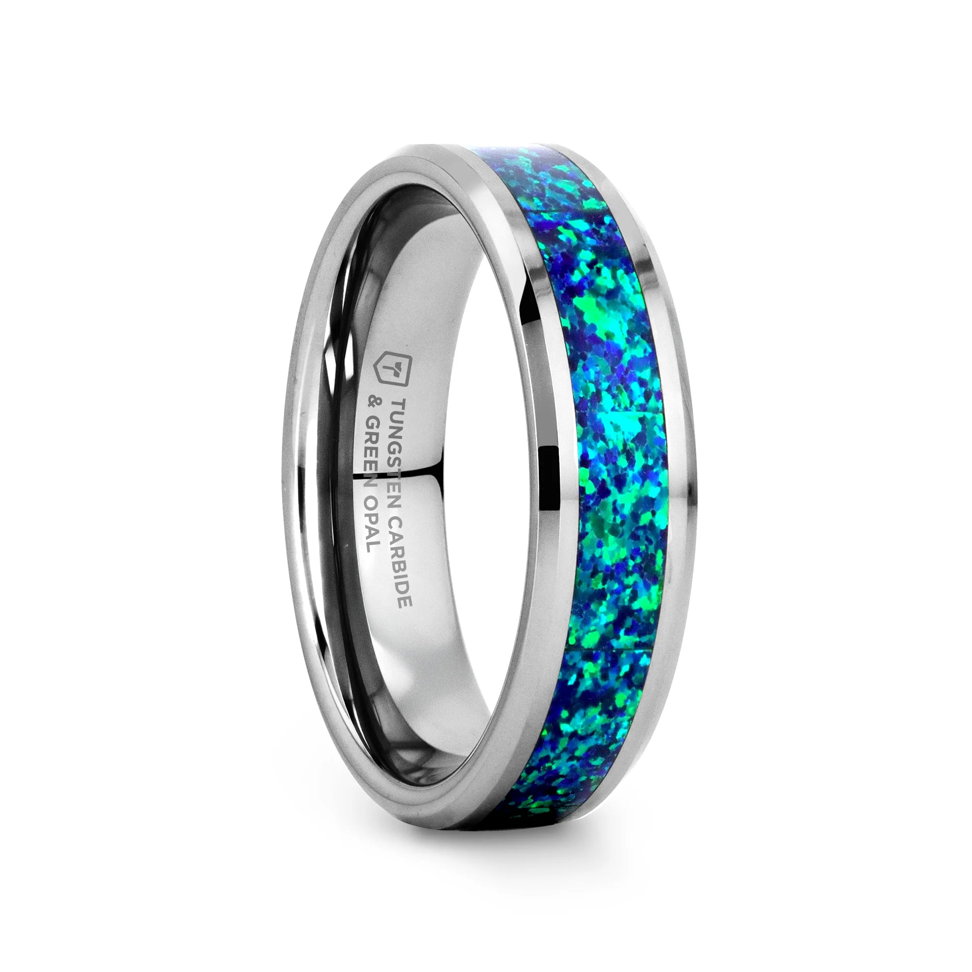 Tungsten carbide ring with blue and green opal inlay on a white background
