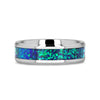 Silver ring with blue and green opal inlay on a white background