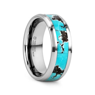 Banu Turquoise Spider Web Inlay Tungsten Carbide Ring With Beveled Polished Edges - 8mm - 5 / Tungsten