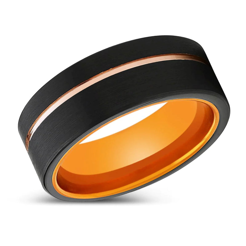 Stylianos Black Brushed Tungsten Ring Rose Gold Offset Groove Orange Inner - 8mm