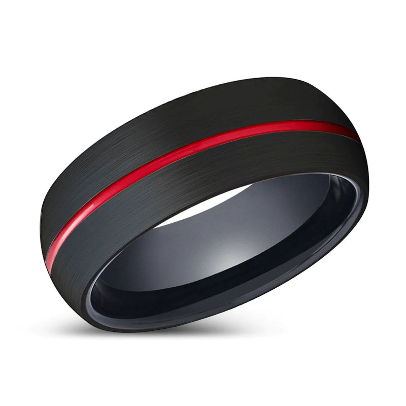 Makondo Black Domed Tungsten Wedding Ring Red Grooved Center - 6mm & 8mm