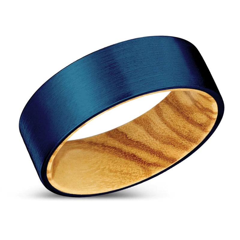 Merton Flat Tungsten Ring Olive Wood Sleeve Blue Brushed - 6mm & 8mm