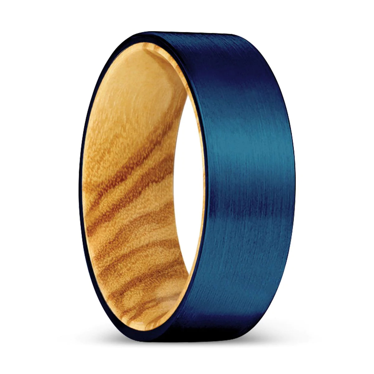 Merton Flat Tungsten Ring Olive Wood Sleeve Blue Brushed - 6mm & 8mm