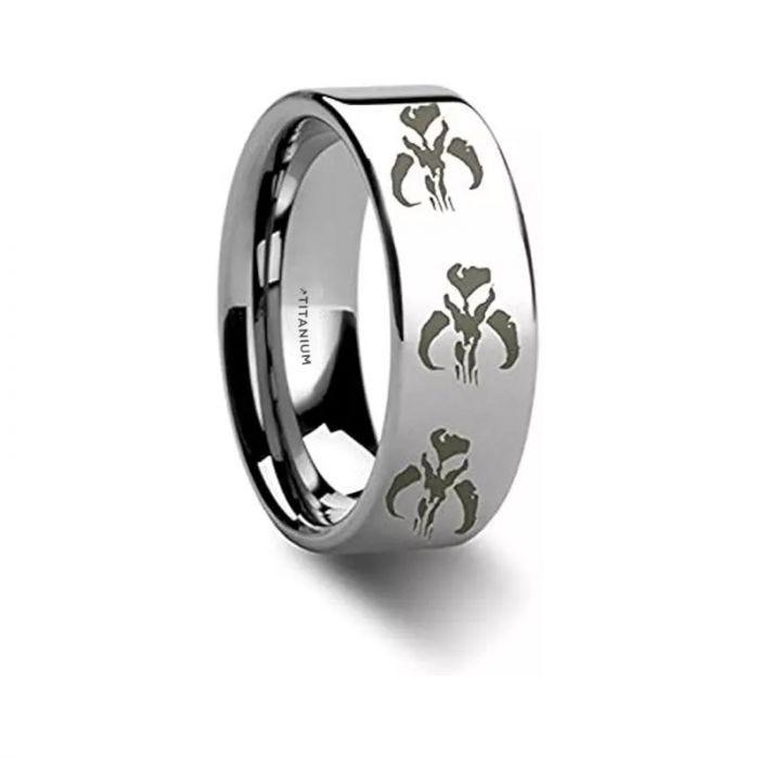 Mycenae titanium ring with engraved geometric emblem, side view