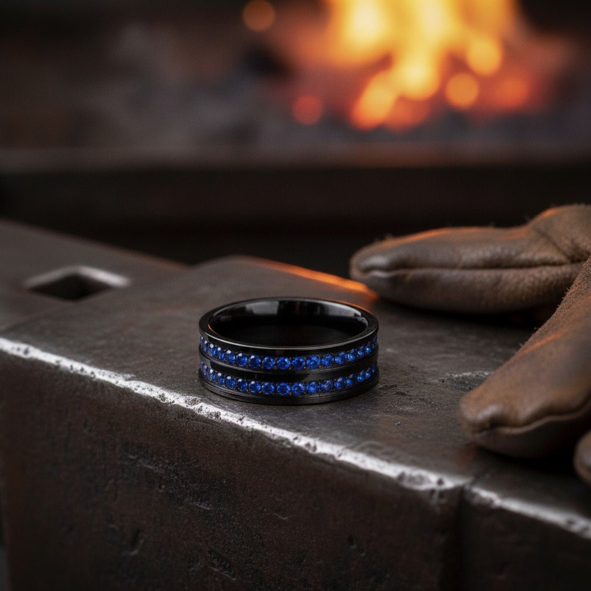 Khnum black tungsten ring with double row blue CZ, detail view