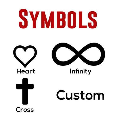 Set of symbols including heart, infinity, and cross with text labels on a white background.
