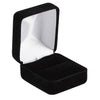 Black velvet jewelry box with white interior on a white background