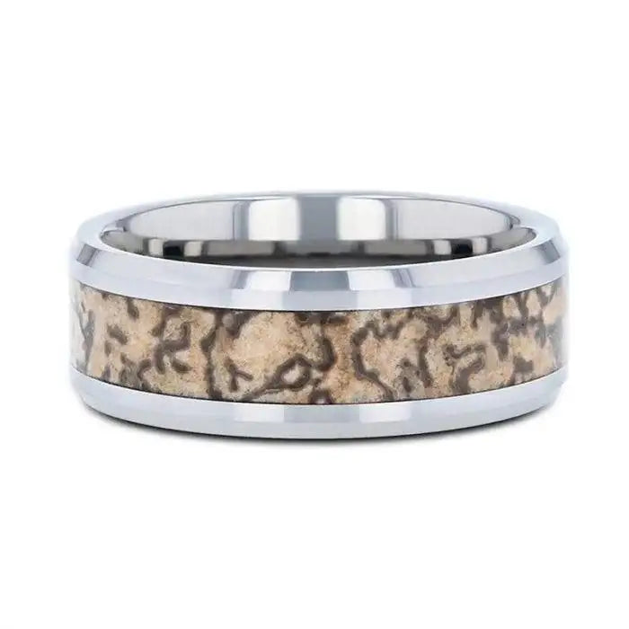 Petra tungsten ring with dinosaur bone inlay, flat lay