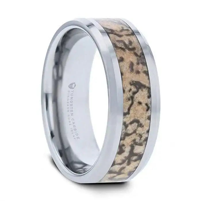 Petra tungsten ring with dinosaur bone inlay, side view