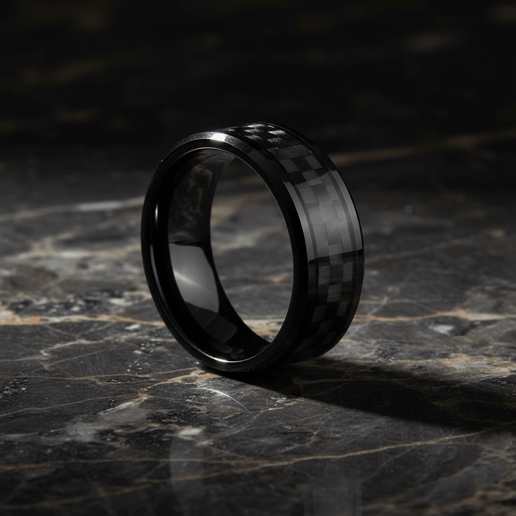 Ptah black tungsten ring with carbon fiber inlay, detail view