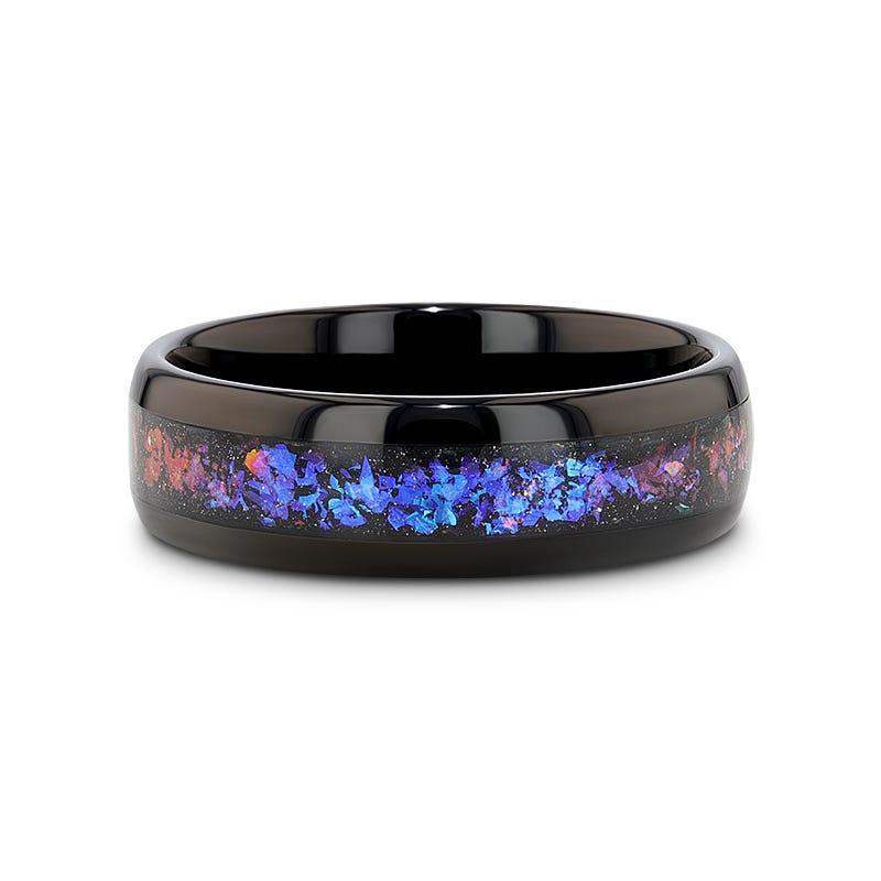 Naxos black tungsten alexandrite ring, flat lay