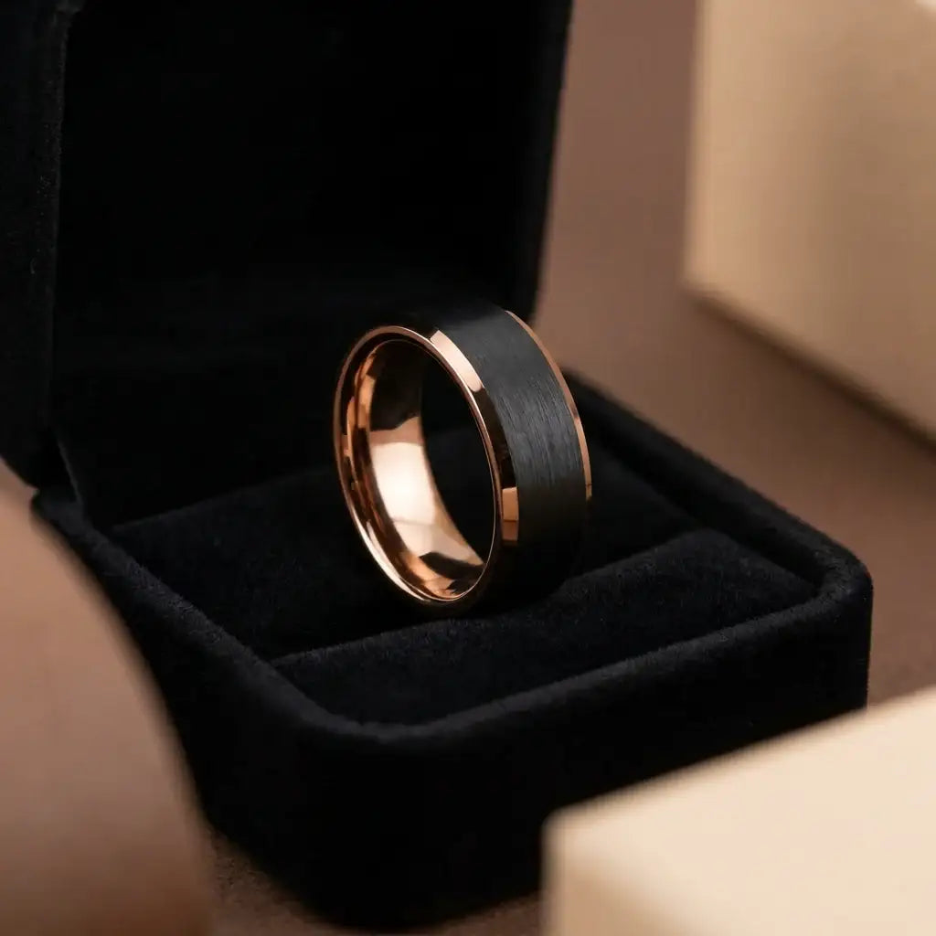 Tungsten ring with rose gold polished beveled edges and brushed black center band displayed on black velvet ring stand.