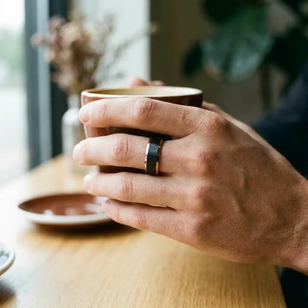 Two-tone tungsten ring with polished beveled edges and brushed black center band worn on hand holding espresso cup.
