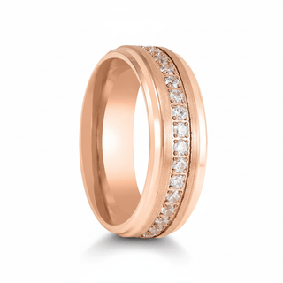 Chiron Men's Step Edges Rose Gold Tungsten Ring with Round White CZ - 8mm - 7.00 / 8mm / Rose Gold