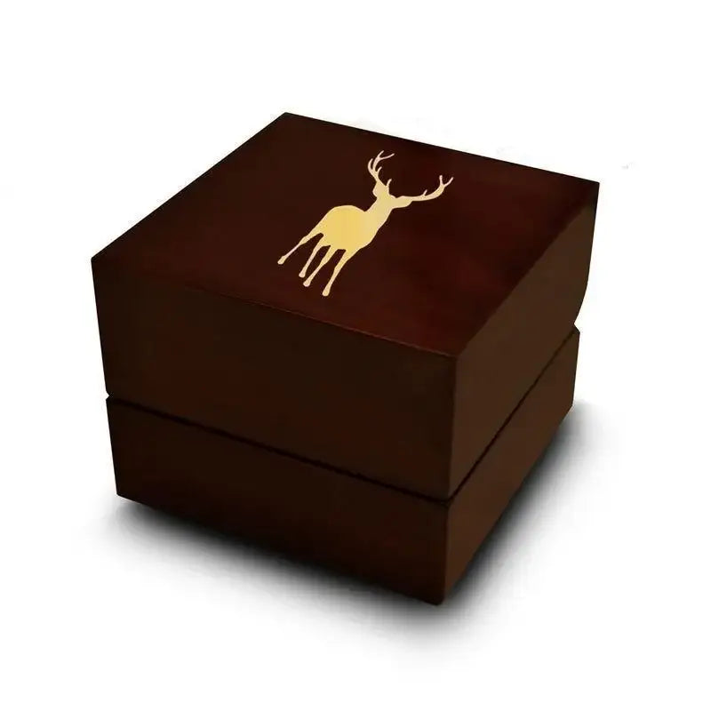 Jericho dark wood ring box with engraved deer, stag, and fawn print