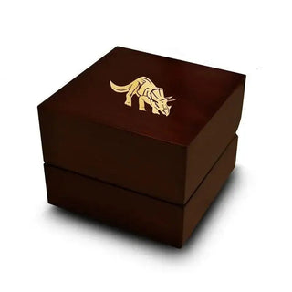 Megiddo Chocolate Dark Wood Ring Box with Engraved Triceratops Dinosaur - Standard