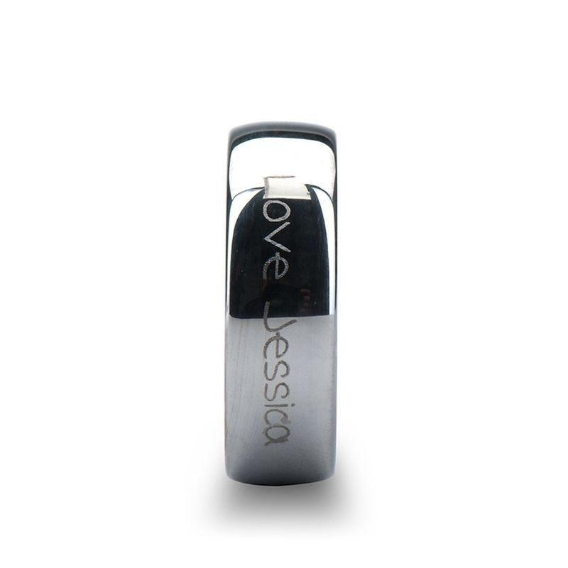 Antioch tungsten ring with handwriting engraving, side view
