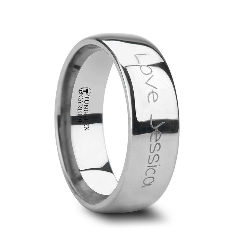 Antioch tungsten ring with handwriting engraving, side view