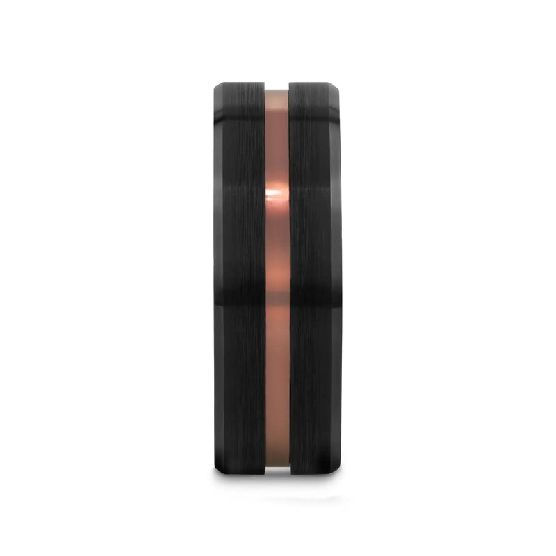 Galileo flat brushed black tungsten men's wedding band with espresso groove center, side view