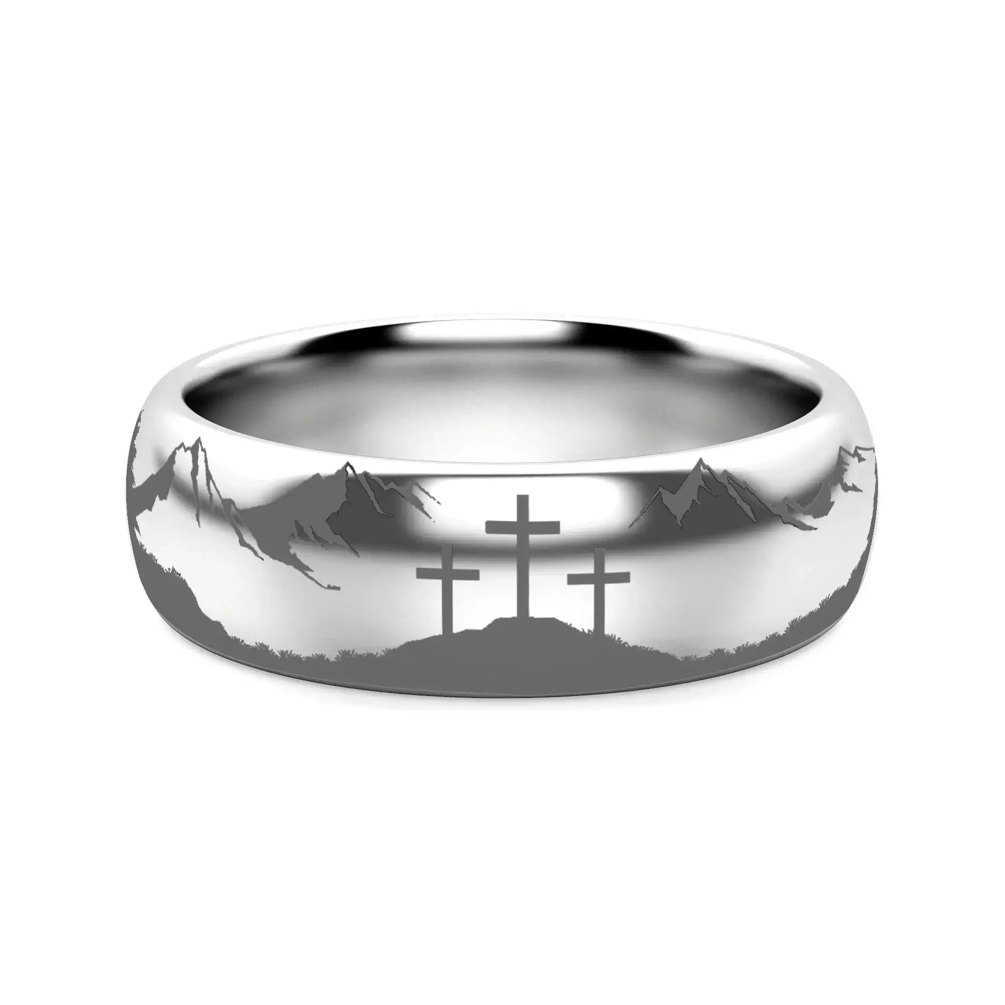 Miletus tungsten ring with engraved mountain range, white background view