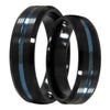 Marquise matching wedding ring set – beveled black tungsten with blue grooved center