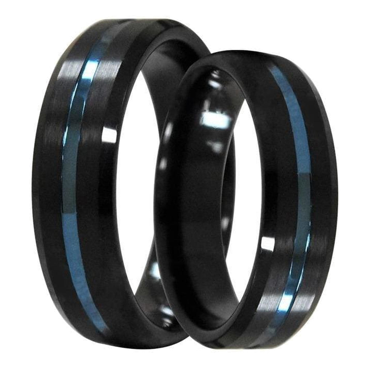 Marquise matching wedding ring set – beveled black tungsten with blue grooved center