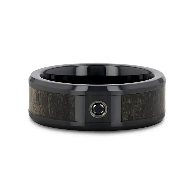 Nineveh black ceramic ring with deer antler inlay, flat lay